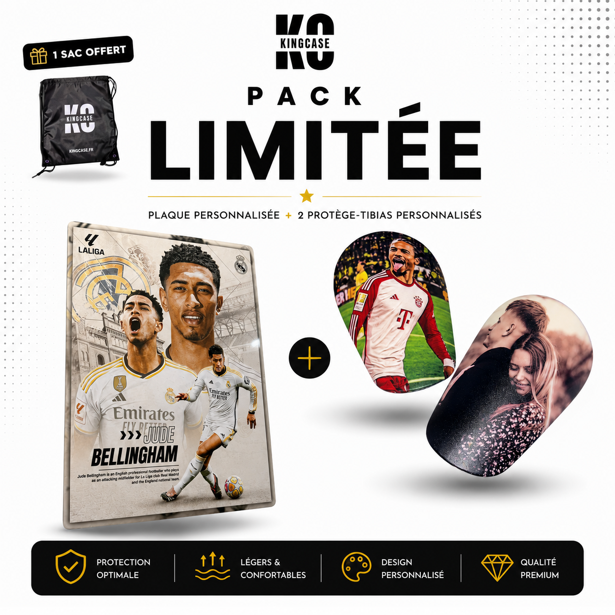 Pack LIMITÉE – Plaque personnalisée + 1 paire de protège-tibias personnalisés + sac offert